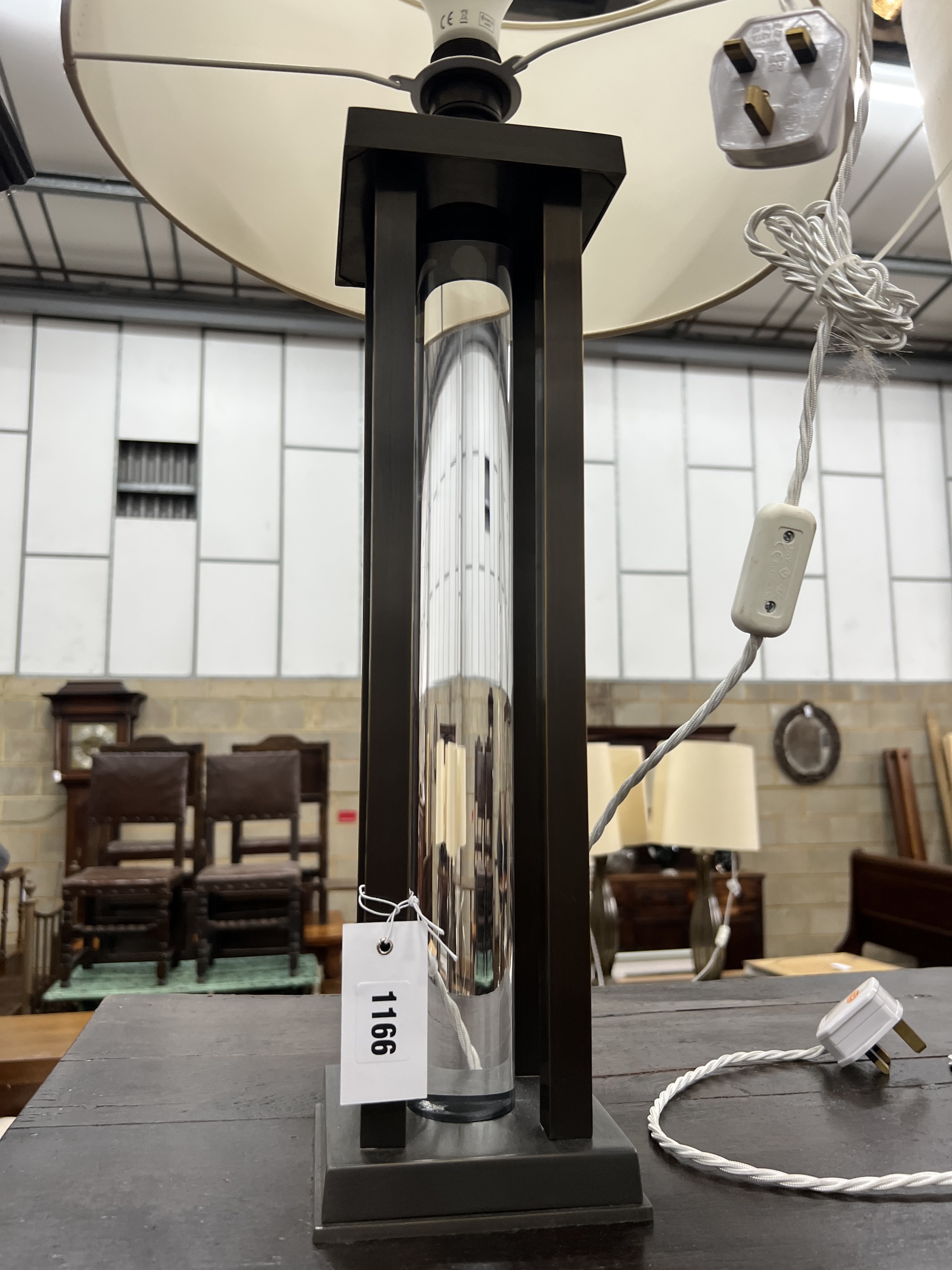 A pair of contemporary metal and perspex table lamps and shades, height 75cm including shades